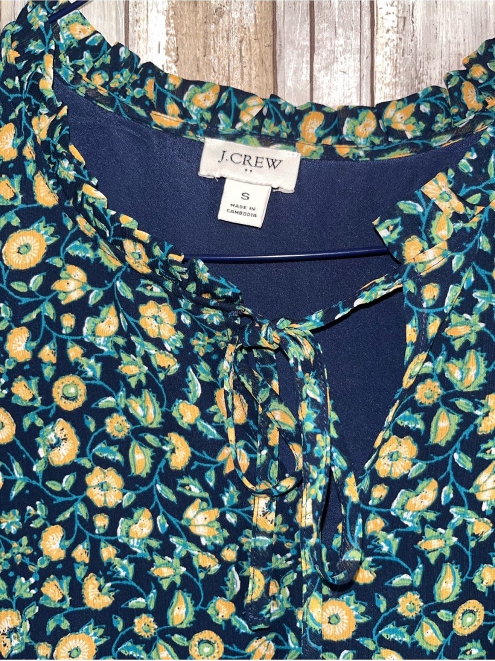 J.Crew Floral Ruffle Neck Blouse Small Blue Yellow Short Sleeve Top - Picture 5 of 7
